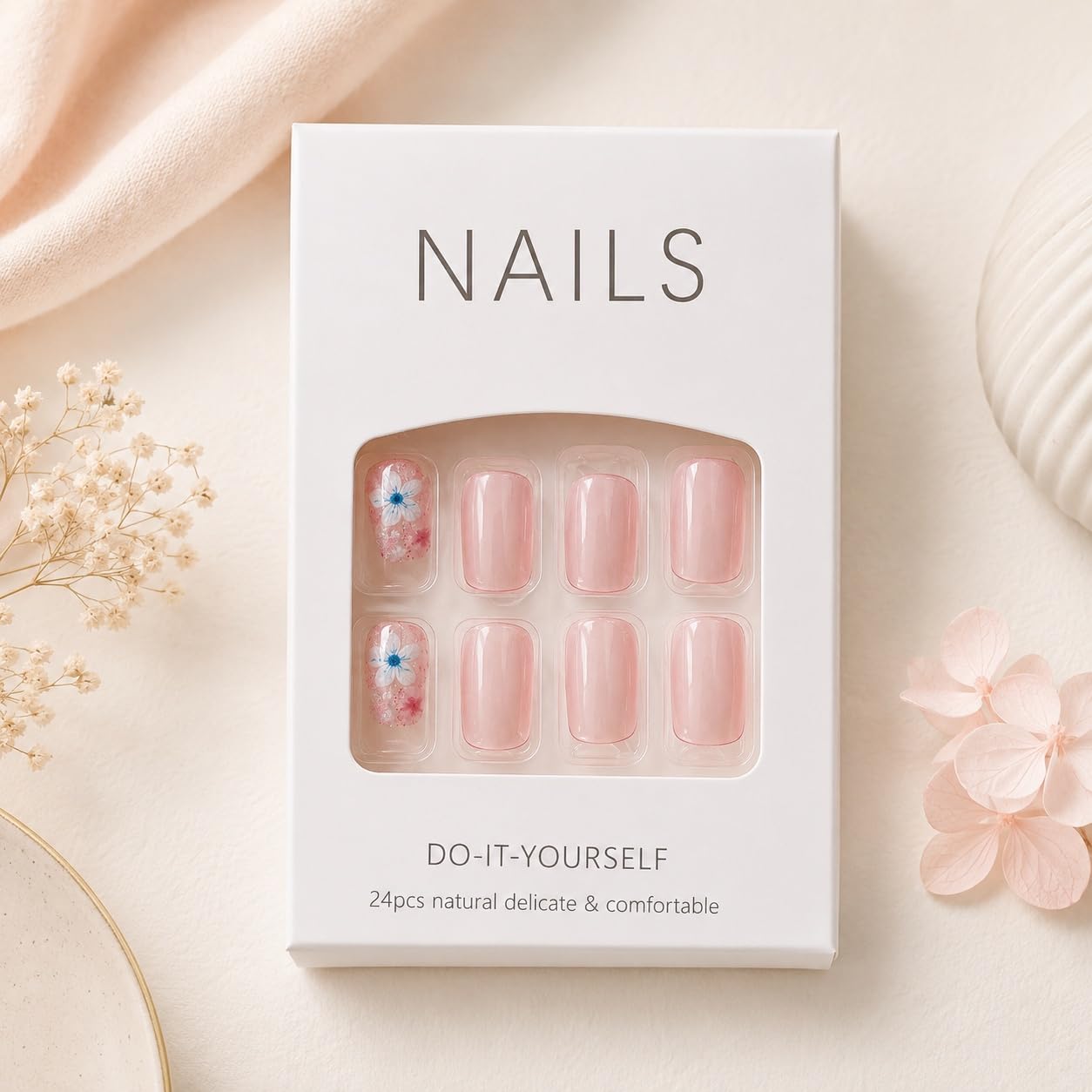 S.A.V.I Press on Nails Nude Pink Floral Cat Eye Medium Coffin 30 Pcs | Reusable Gloss Finish False Tips with Glue & Adhesive Tabs, Pink Daisy Design, DIY Manicure for Women