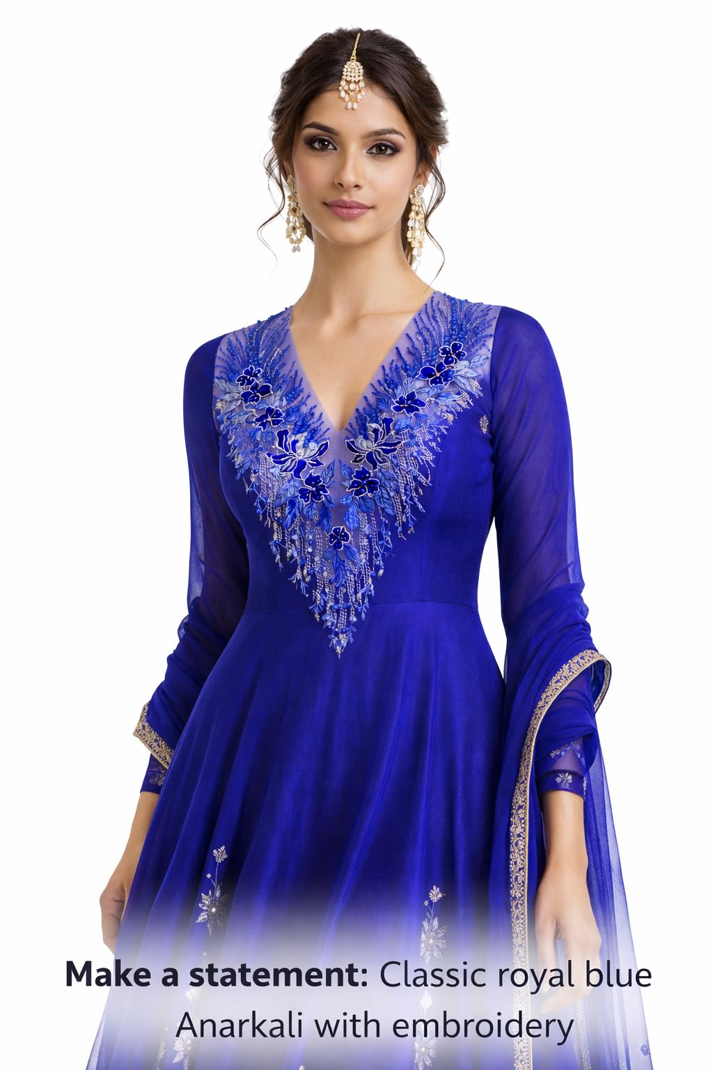 S.A.V.I Royal Blue Floral Appliqué Patch 28 x 55 cm | V Neck Triangle Design | Net Mesh Beaded Lace Motif for Blouse, Lehenga Choli, Anarkali & Gown (Royal Blue)