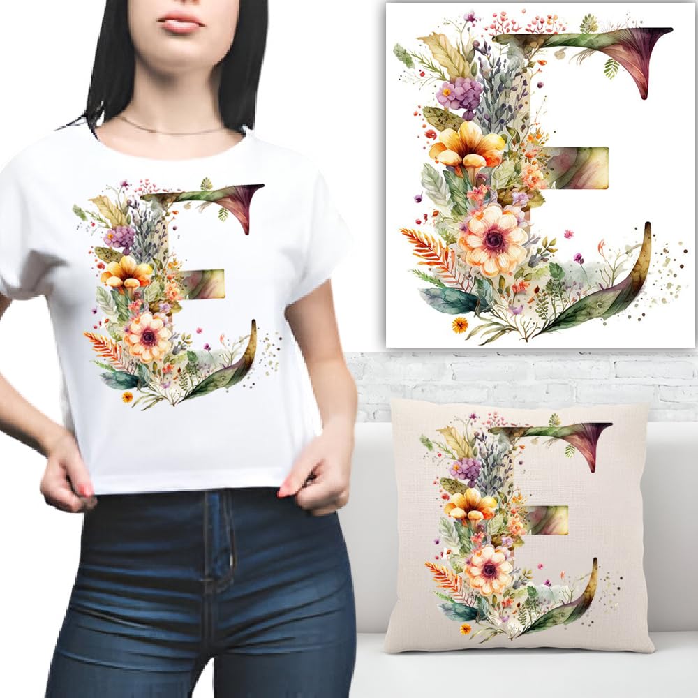 S.A.V.I 1PC Floral Alphabet Iron-On Patch – Washable Heat Transfer Sticker for DIY T-Shirts, Jeans, Pillows, Backpacks, Hats – Easy Applique with Beautiful Flower Design – Clothing  Accessories Patch (E)