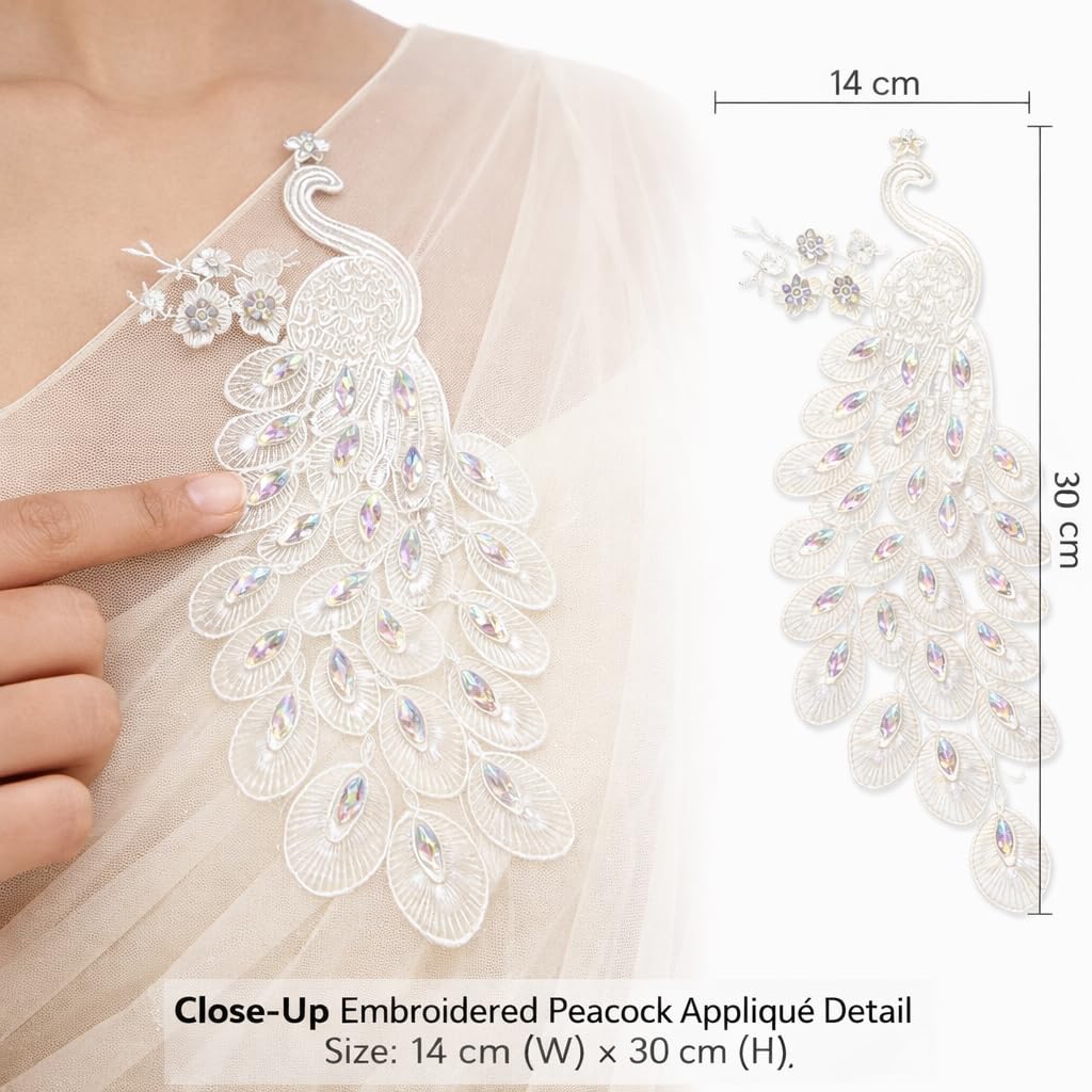 S.A.V.I White Peacock Embroidered Sew-On Applique Patch 14 x 30 cm with Crystal Stones, Net Fabric Motif for Saree, Blouse, Kurti & Gown Decoration (Left, White, OneSize)