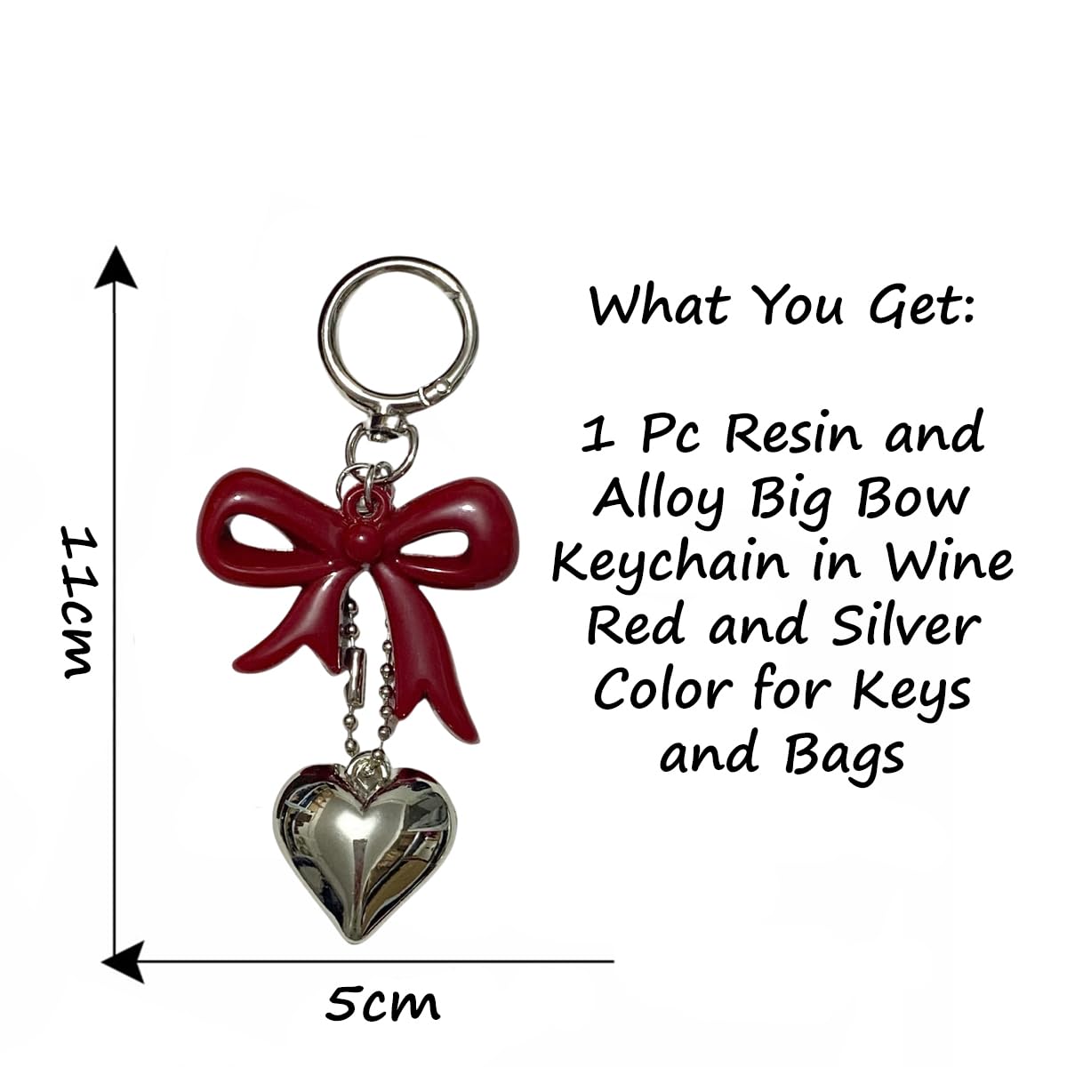S.A.V.I Resin Bow Heart Keychain for Women, Cute Bag Charm, Wine Red,Glossy alloy accent with secure clasp; stylish accessory for handbags, backpacks, purses & gifting, 11 x 5 cm