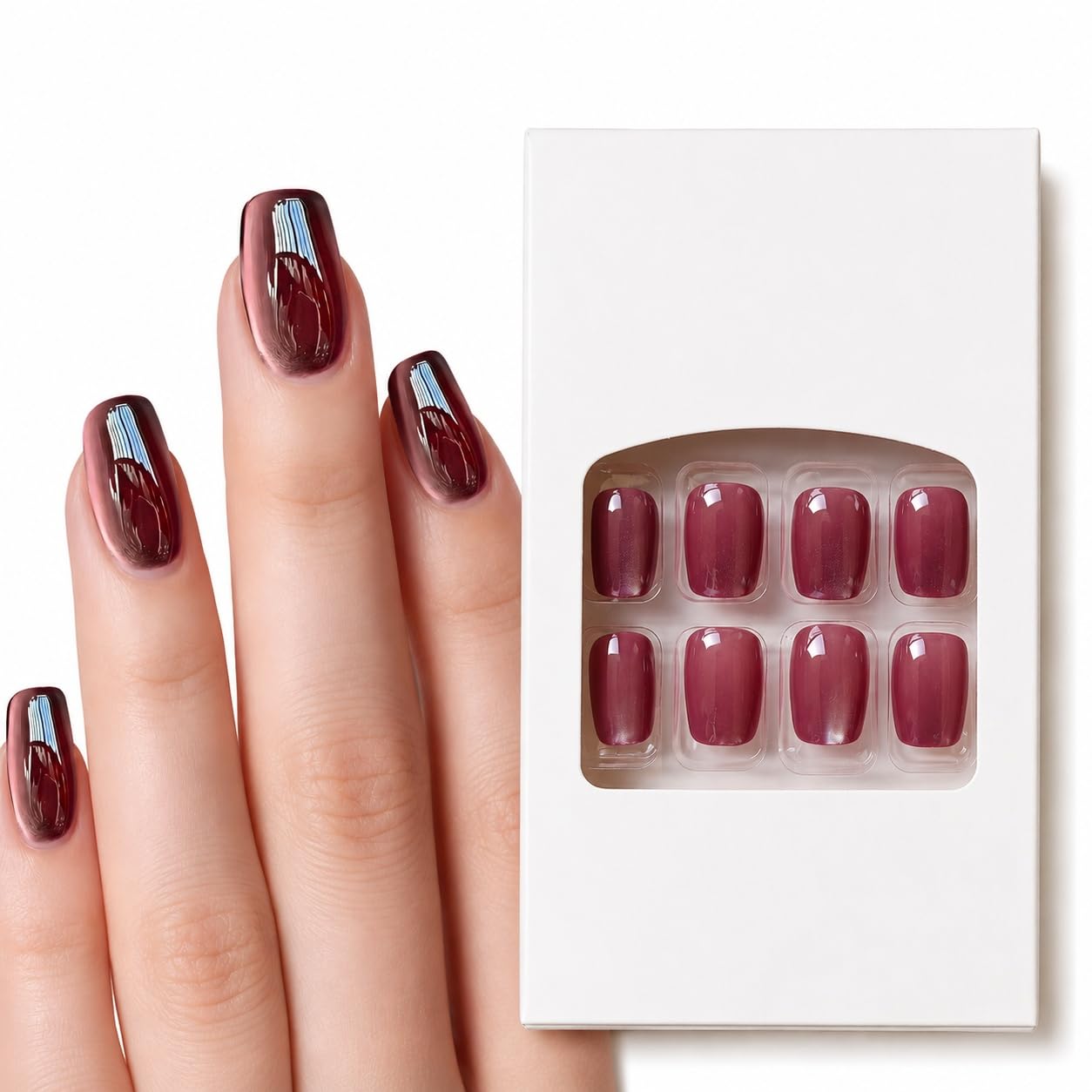 S.A.V.I Press on Nails 30 Pcs Deep Burgundy Medium Coffin | 10 Sizes, Reusable With Adhesive Tabs & Glue For Women, Salon Finish At Home