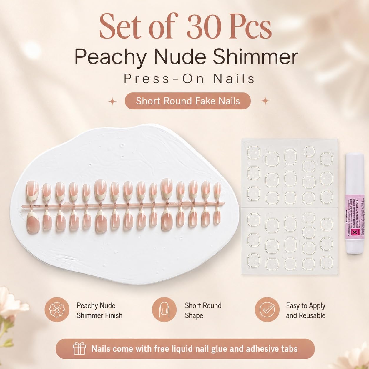 S.A.V.I Press on Nails Short Round Peachy Nude Shimmer 30 Pcs