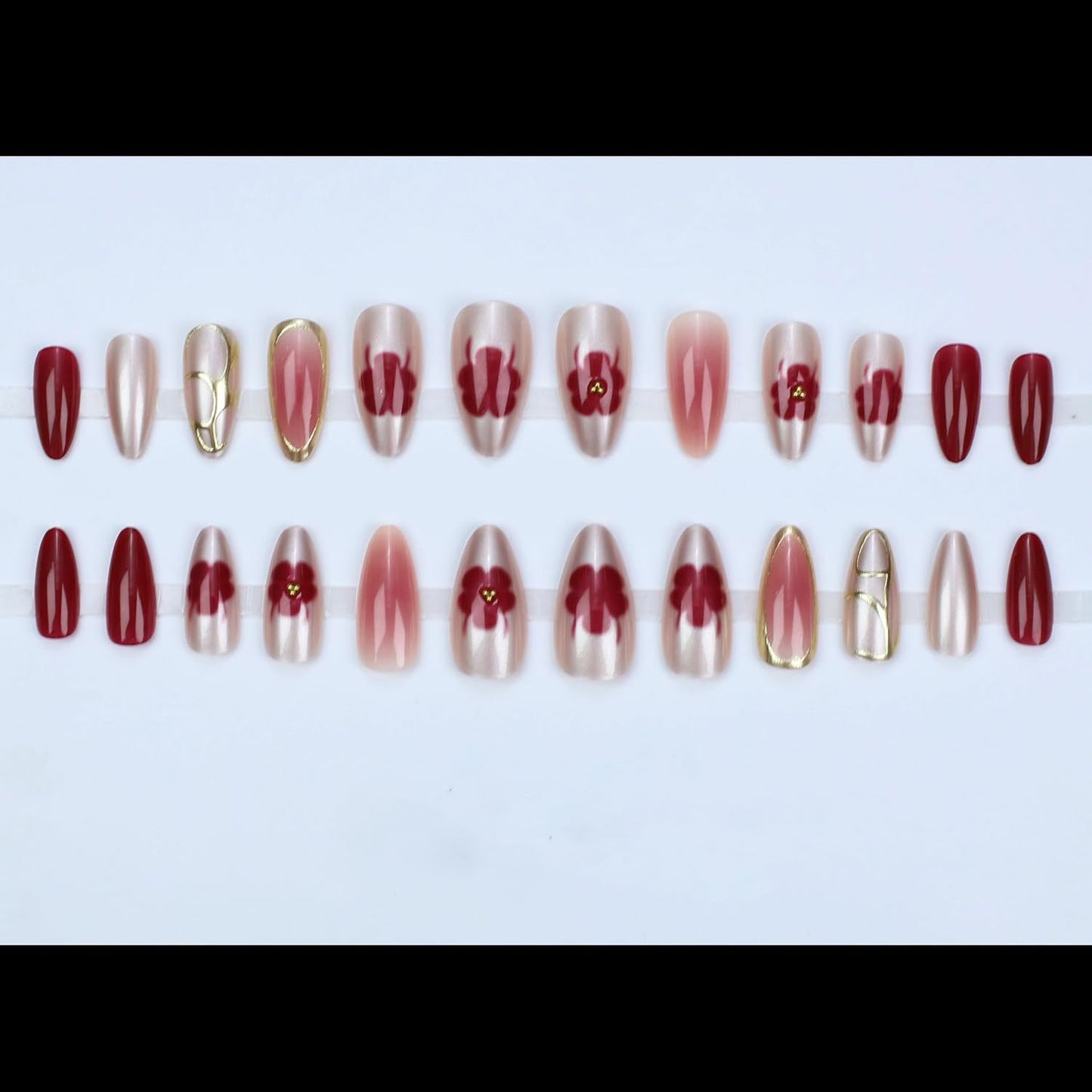 S.A.V.I 24 Pcs Reusable Press On Nails for Women, Long Almond Shape Nude & Red Gloss Finish, 3D Floral Gold Foil Design, Artificial Fake Nails Set with Glue & Tabs