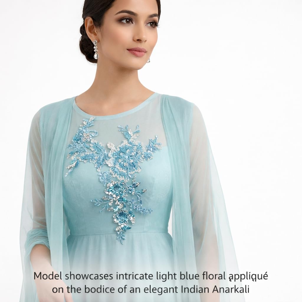 S.A.V.I Light Blue Floral Embroidered Sequin Applique Patch Sew-On, 25 x 29 cm Net Fabric with Leaf & Flower Design for Dresses, Gowns, Kurtis & DIY Fashion Accessories (Light Blue)