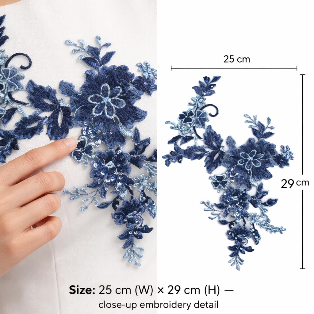 S.A.V.I Navy Blue Floral Sew-On Appliqué Patch 25 x 29 cm | Sequin & Thread Work Net Mesh | Designer Neckline Motif for Anarkali, Kurti, Gown & Dresses (Navy Blue)