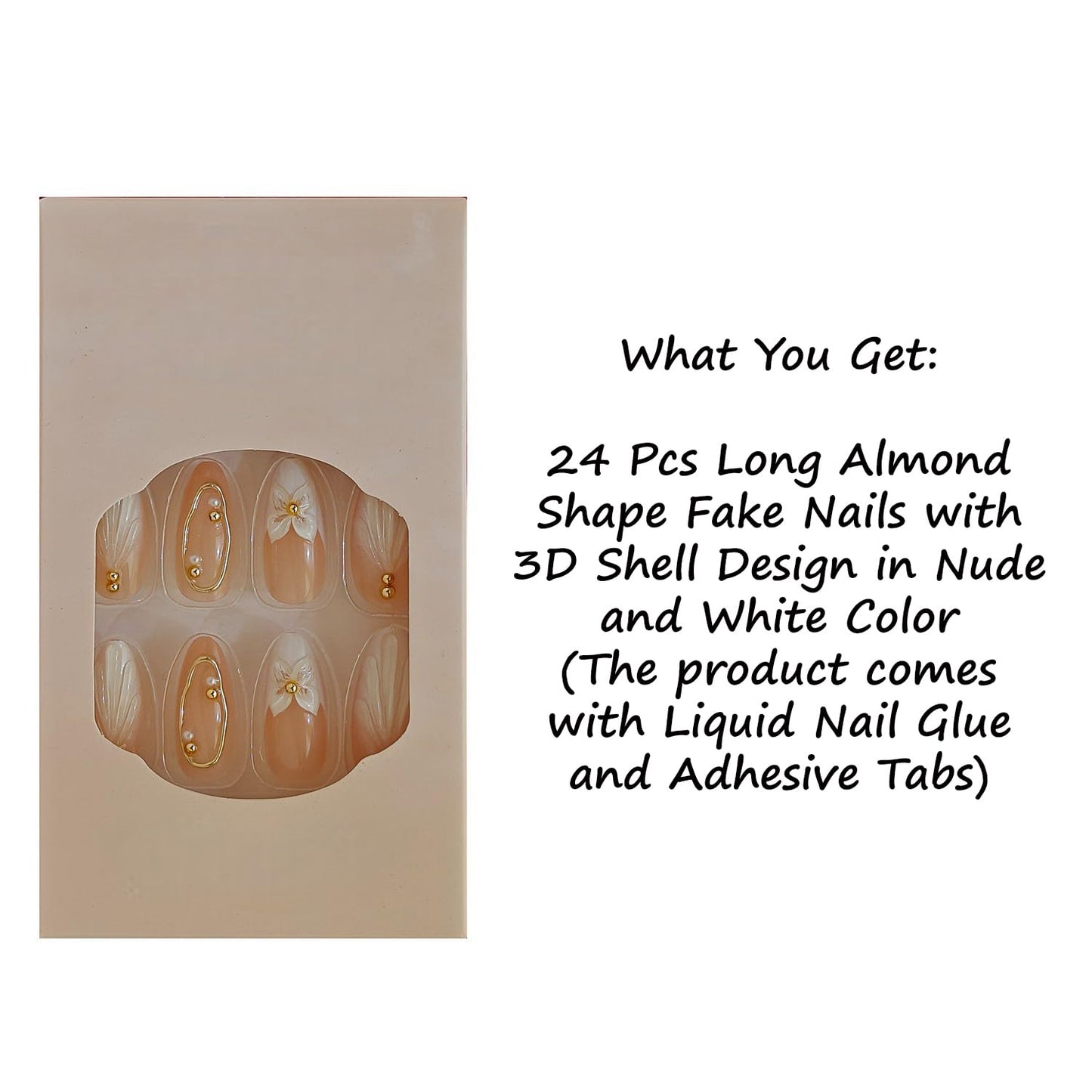 S.A.V.I 24 Pcs Long Almond Shape Press On Nails for Women | Nude & White Gloss Finish | 3D Shell Floral Design | Reusable Artificial False Nails with Glue & Adhesive Tabs