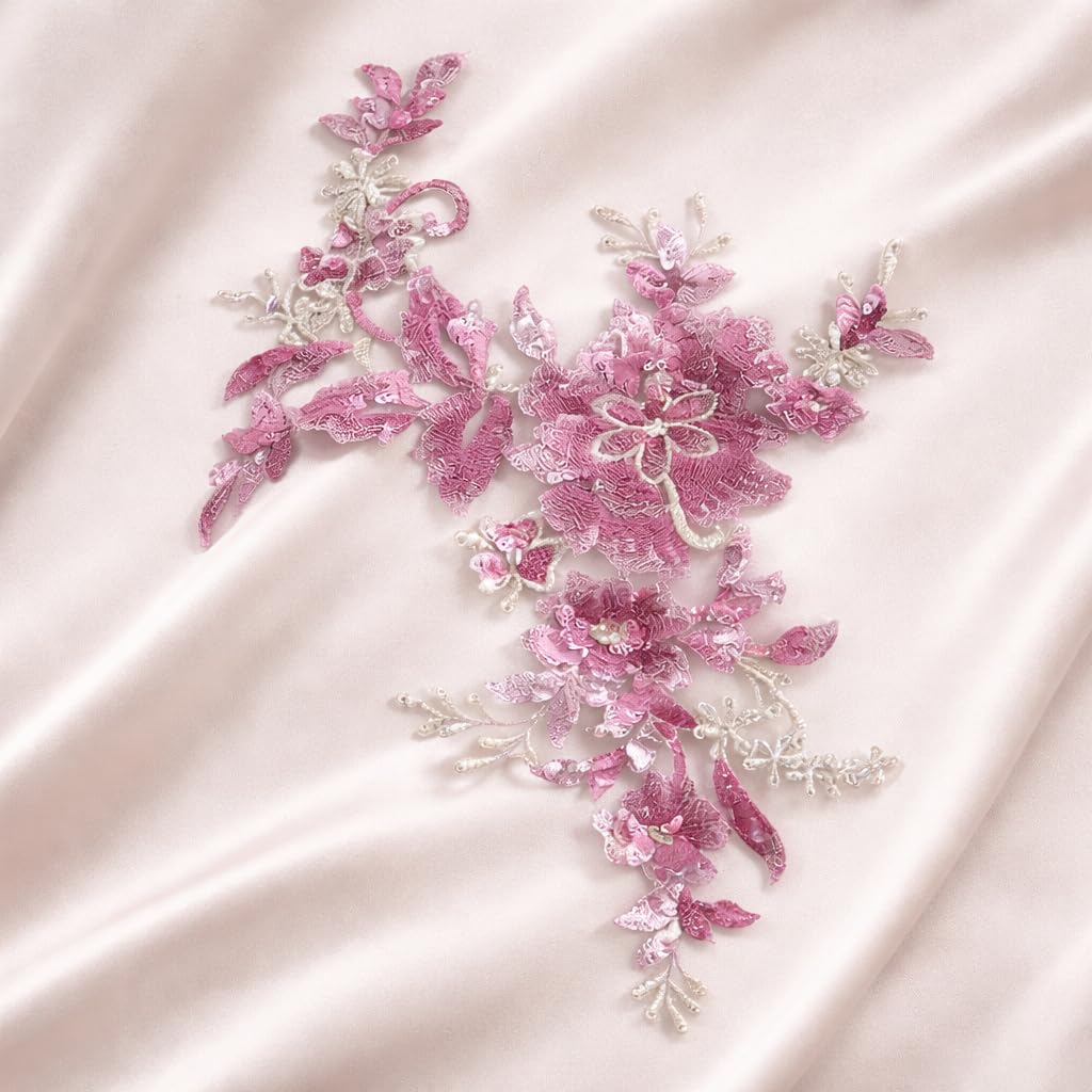 S.A.V.I Rose Pink Floral Sequin Embroidered Sew-On Appliqué Patch, 25 x 29 cm, Net Fabric 3D Flower Design for Blouse, Saree, Lehenga & Anarkali Dress Decoration (Rose)