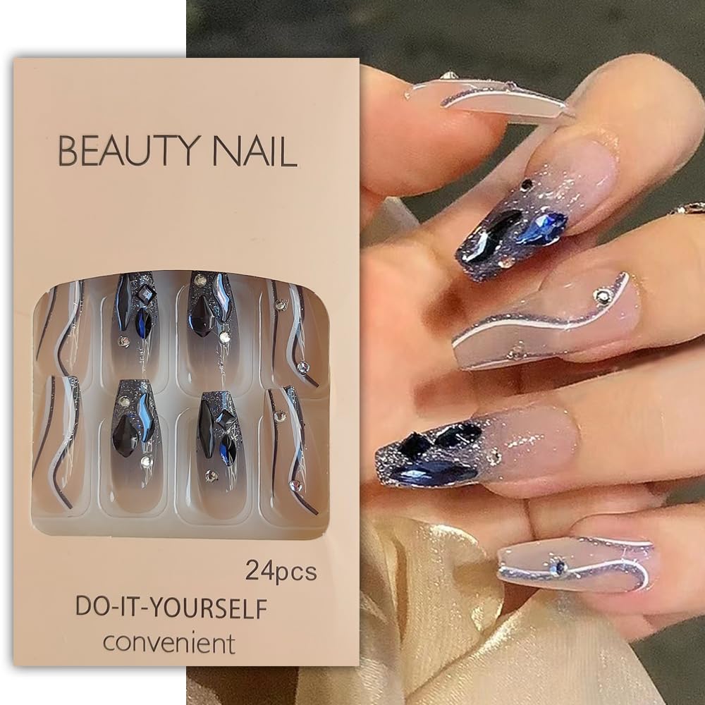 S.A.V.I 24-Pcs Crystal Coffin Nails - Nude Reusable Press-On Set with Glue  Tape