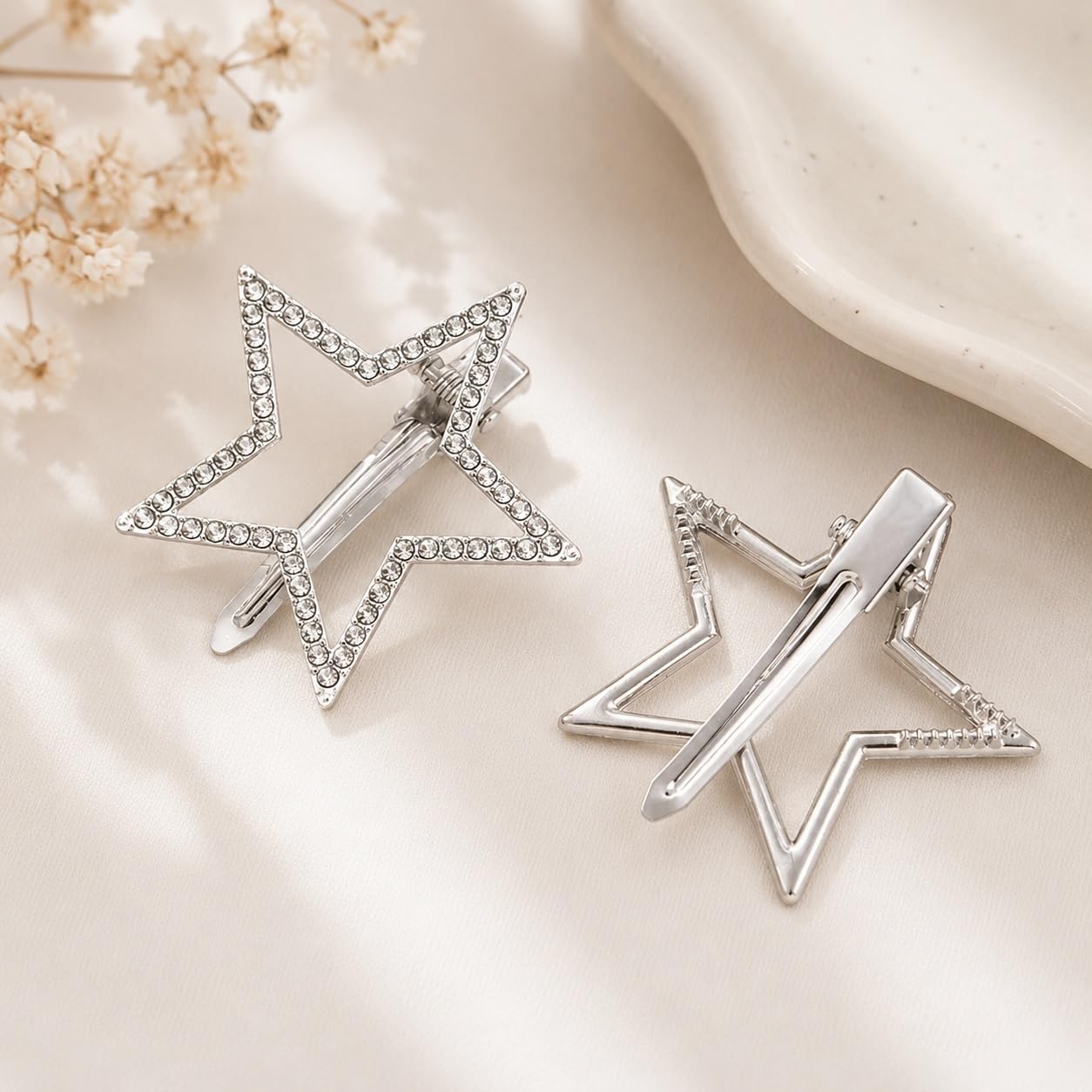 S.A.V.I Star Hair Clips for Women & Girls, Rhinestone Silver 4cm | 2 Pc Metal Barrettes, Crystal Embellishment, Strong Hold, Daily & Parties
