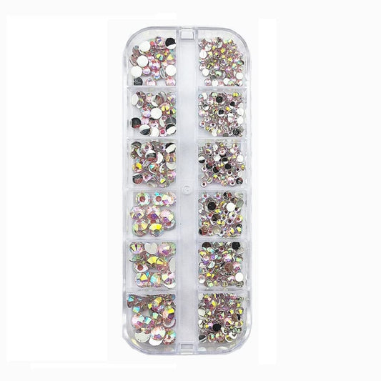 S.A.V.I Nail Art Palette Pink AB Color Crystal Decorations, 12 Grids Stone Rhinestones