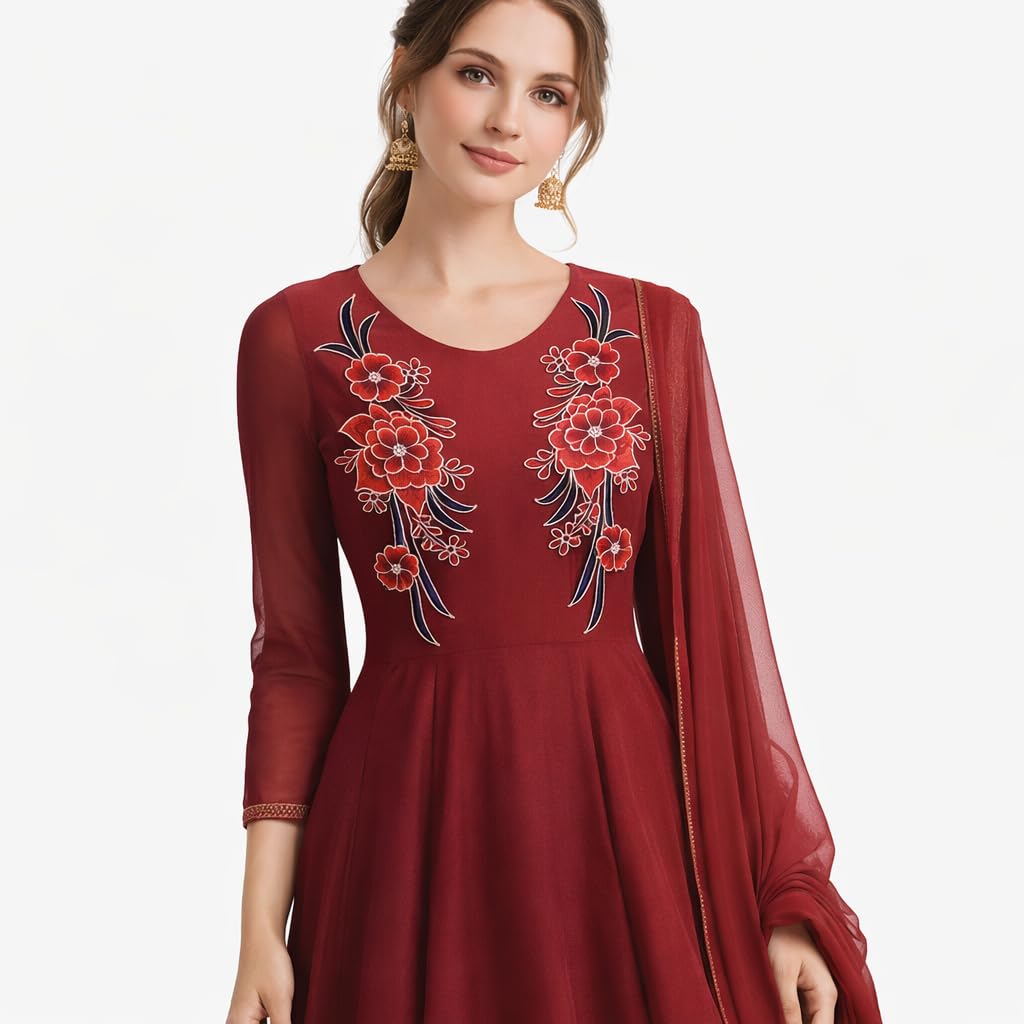 S.A.V.I Pair of Red & Navy Floral Embroidered Sew-On Applique (12.5 x 33.5 cm), Fabric Flower Patch for Women Dresses, Gowns, Kurtis & Blouses (Red)