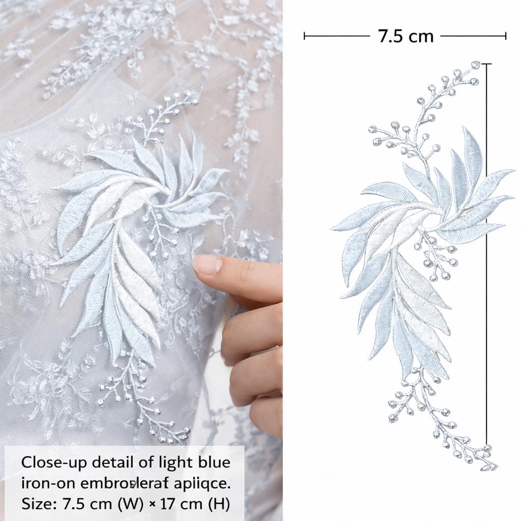 S.A.V.I White Blue & Silver Floral Iron-On Embroidered Appliqué Patch 7.5 x 17 cm | Leaf Motif Threadwork Design for Dresses, Sarees, Blouses & DIY Fabric Craft (Left, White-Blue, 7.5 x 17 cm)