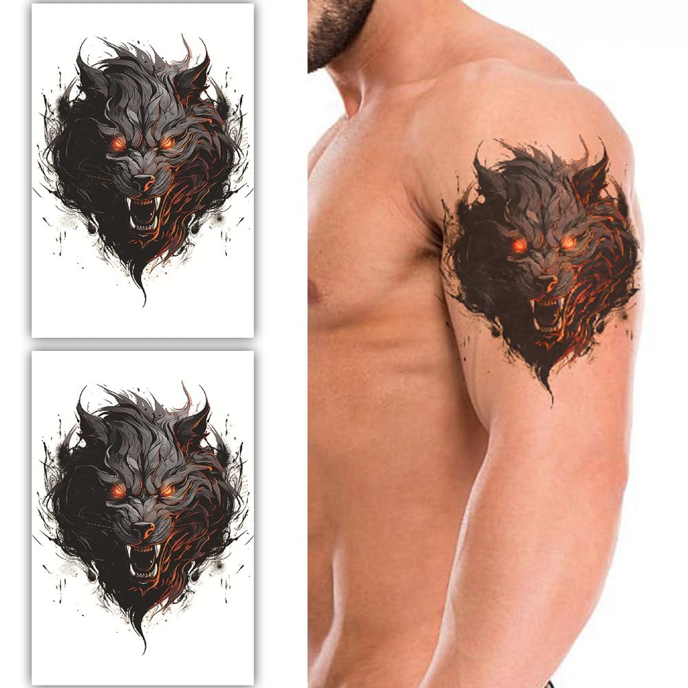 S.A.V.I 2 Sheets Black  Orange Wolf Head Temporary Tattoo 19x12cm - Waterproof, Realistic Arm Tattoo Sticker | Easy Application  Removal, Long-Lasting Body Art for Men  Women
