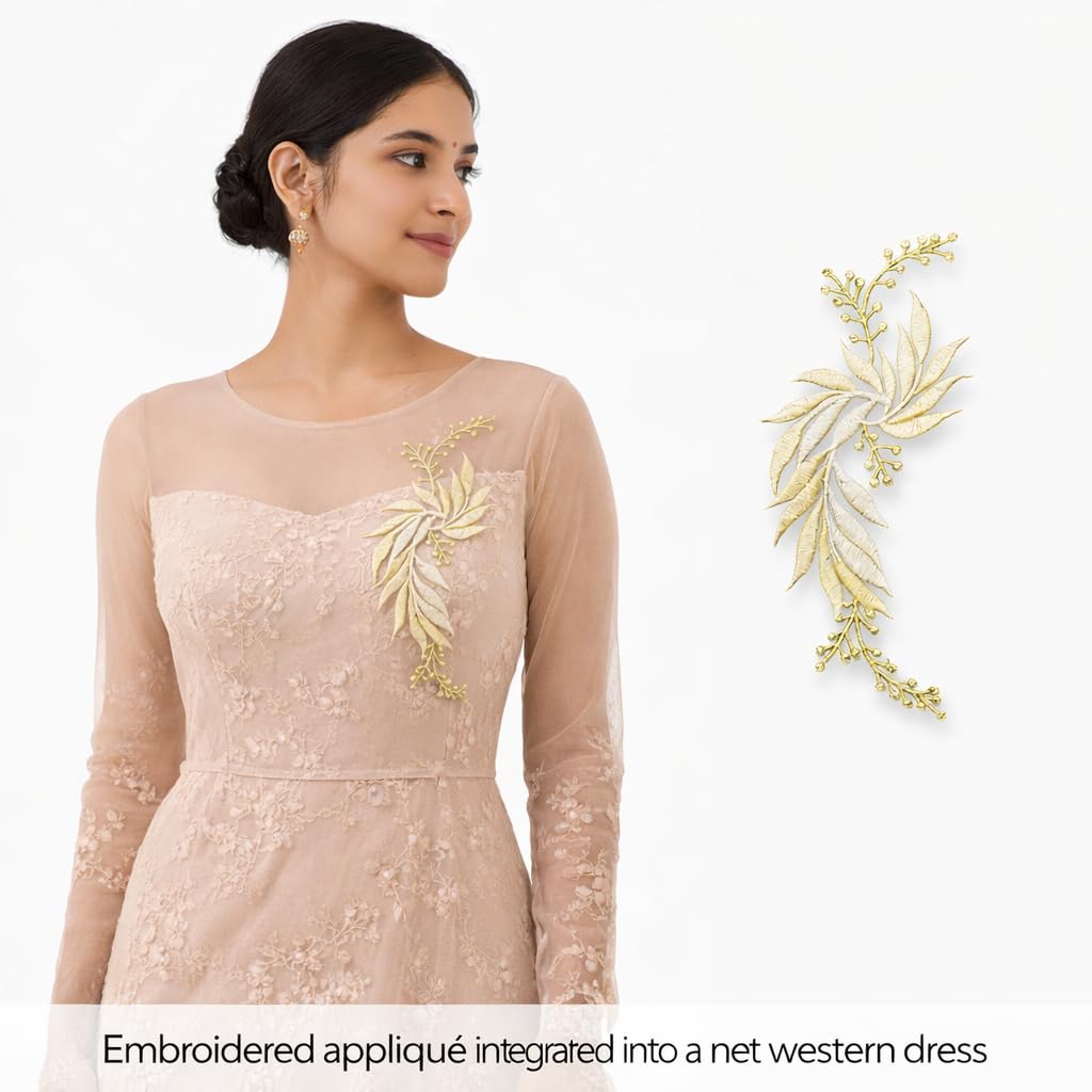 S.A.V.I Yellow & Silver Floral Iron-On Embroidered Appliqué Patch 7.5 x 17 cm | Leaf Motif Threadwork Design for Dresses, Sarees, Blouses & DIY Fabric Craft (Left, Yellow, 7.5 x 17 cm)