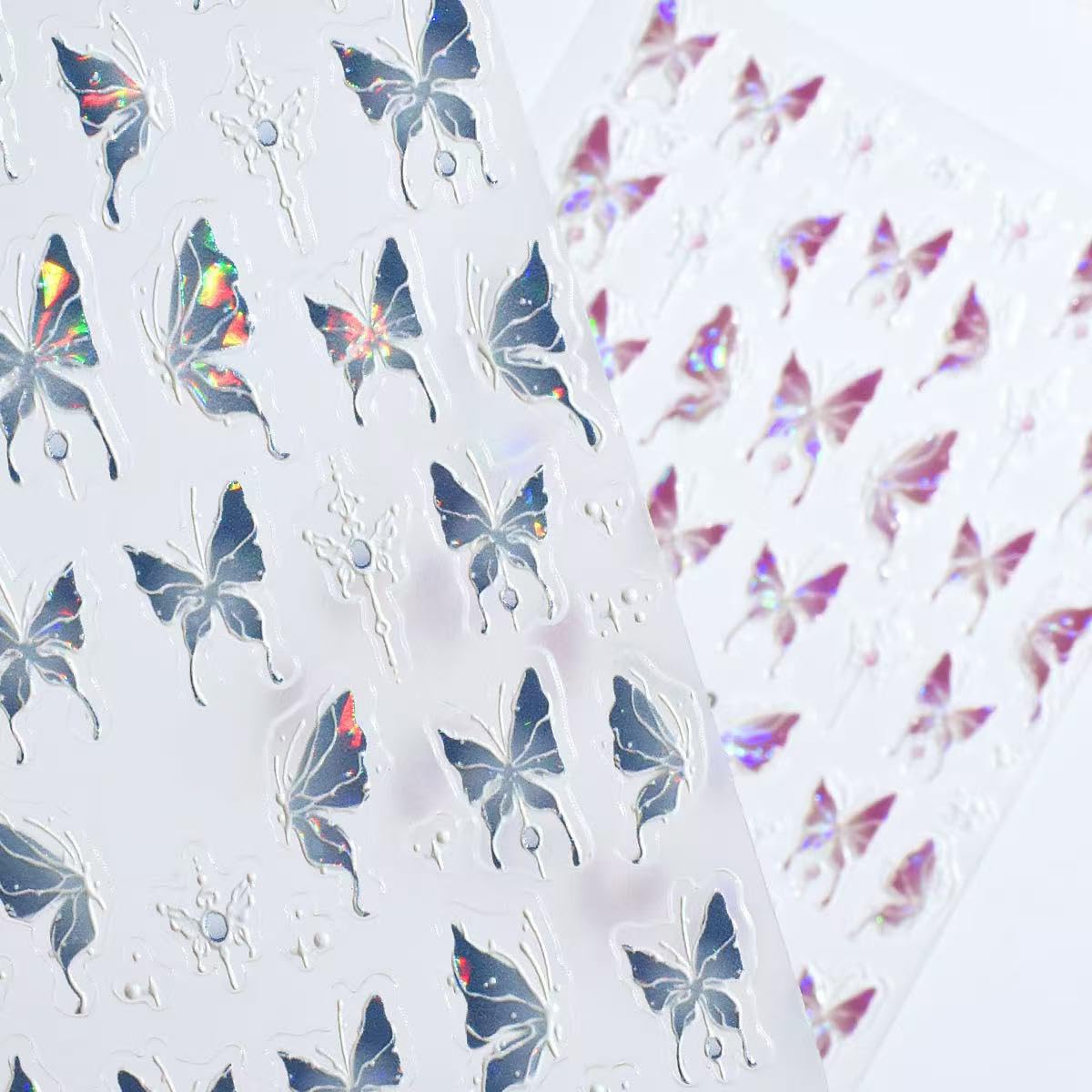 S.A.V.I 2 Sheets - 3D Butterfly Nail Art Stickers, Pink & Blue Holographic Self-Adhesive Decals, Waterproof Acrylic Decorations for Women and Girls