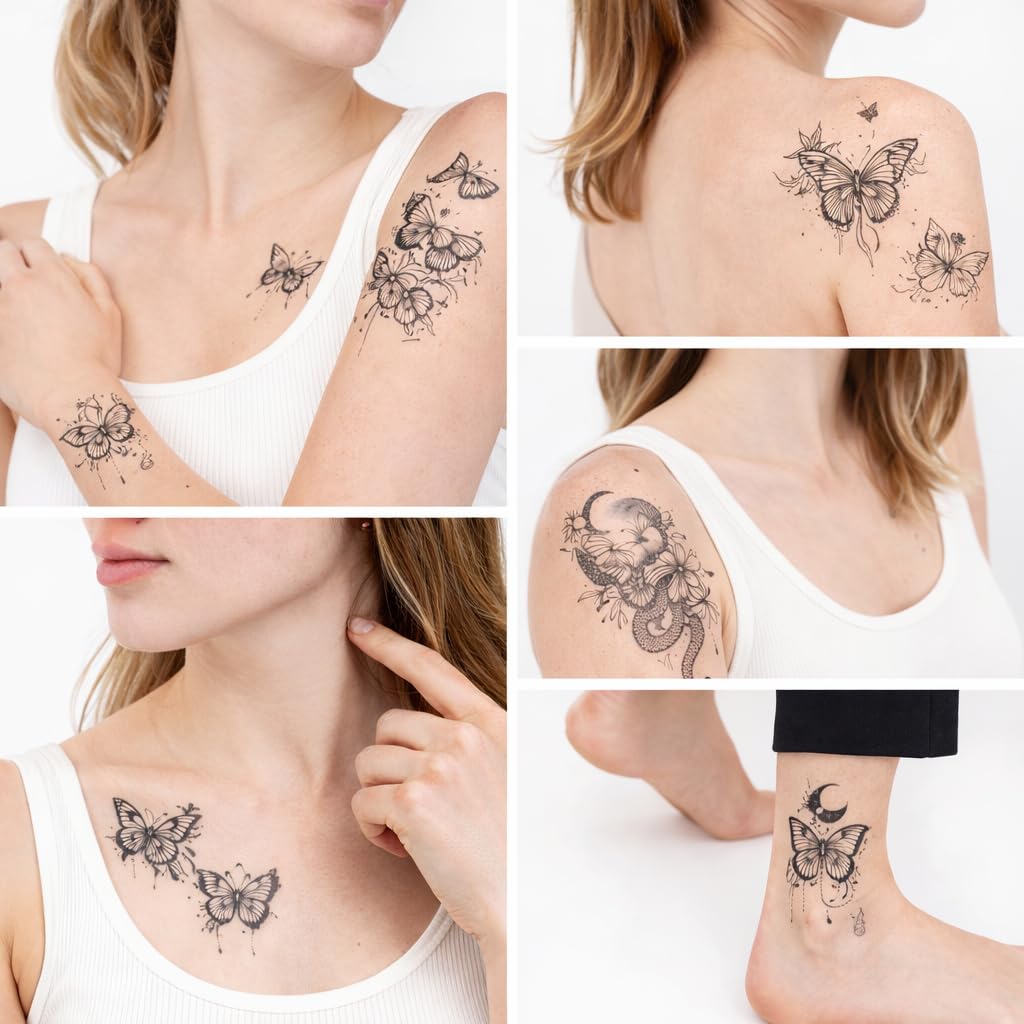 S.A.V.I Black Butterfly & Moon Temporary Tattoos for Women & Girls, Floral Snake Fine Line Fake Tattoo Stickers, Waterproof Non-Toxic Body Art for Arm Neck Ankle, 10 Sheets 6.8x12 cm (#323)