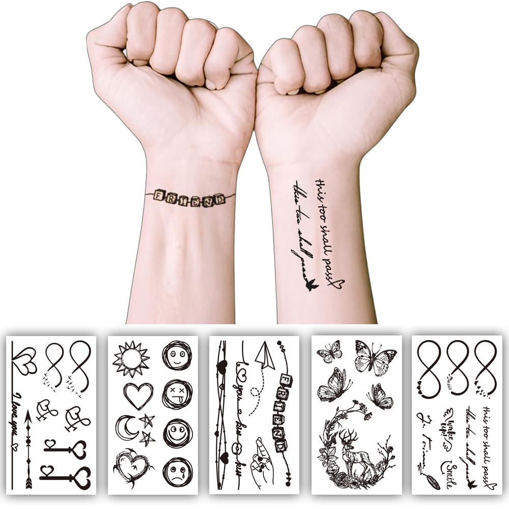 S.A.V.I 5 Mixed Designs - Temporary Tattoo Sheets for Women Girls, Safe Non-Toxic, Waterproof Black Body Art, 10.5x6cm, Stylish Minimalist Patterns for Arms, Wrist, Shoulder & More (60)