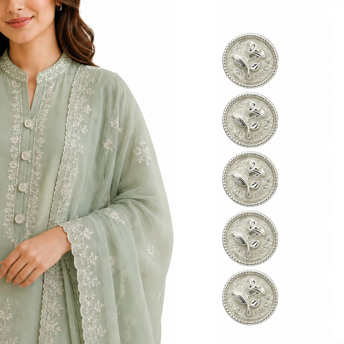 S.A.V.I Silver Rose Shank Buttons for Kurti, 17.5 mm, Set of 5 | Round Floral Design, White Metallic Finish, DIY Garments, Blouses & Dresses, Decorative Closure