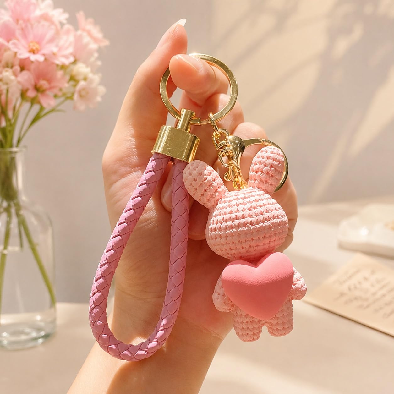 S.A.V.I Resin Bunny Keychain with Wrist Strap, Pink, 7 cm | Heart Pendant, Gold-Tone Ring, Durable PVC Loop, Bag Charm, for Women & Girls