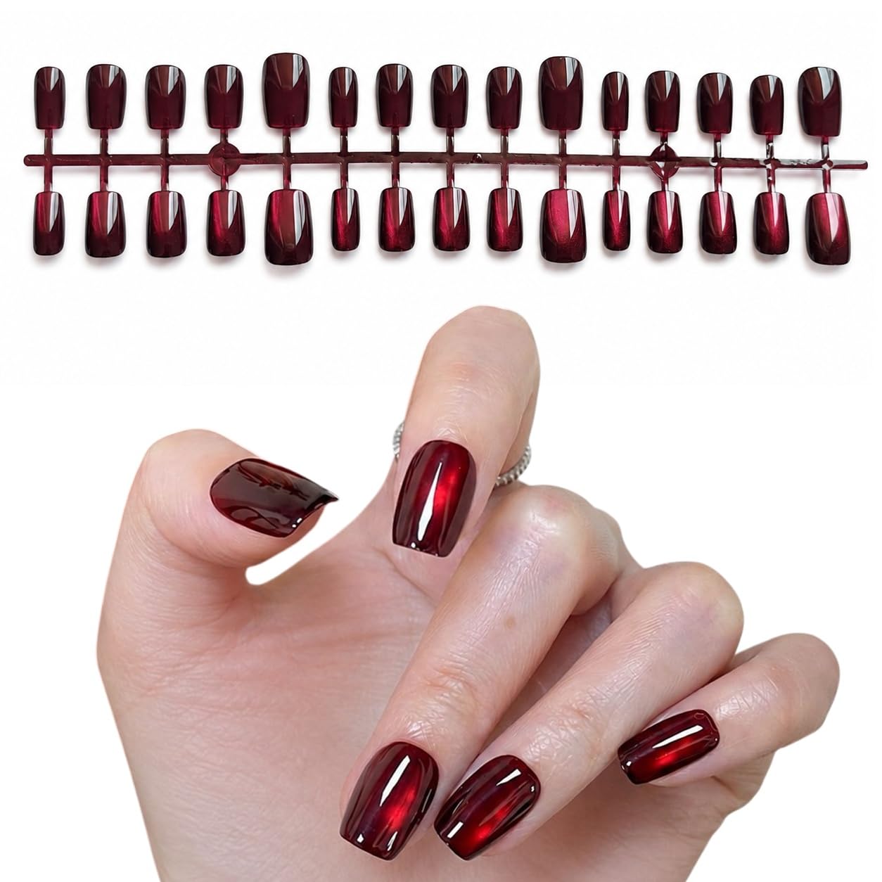 S.A.V.I Press on Nails Burgundy Cat Eye Shimmer Short Square 30 Pcs