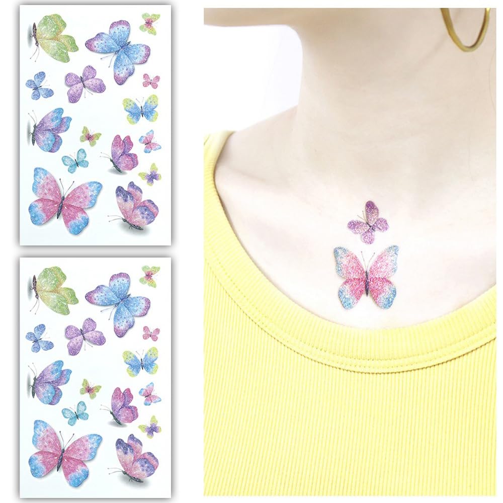 S.A.V.I 2 Sheets - Glittery Butterfly Temporary Tattoo Stickers, Multicolor Sparkling Design, Waterproof  Skin-Safe, Easy Peel  Stick, 12x7.5cm, for Kids  Adults, Parties  Festivals