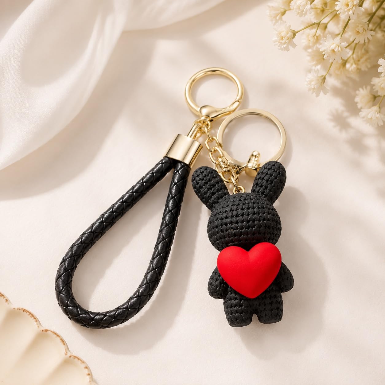 S.A.V.I Resin Bunny Keychain with Braided Wrist Strap, Black-Gold | 7 cm Resin Pendant, for Handbags & Backpacks, for Women & Girls, Bag Charm