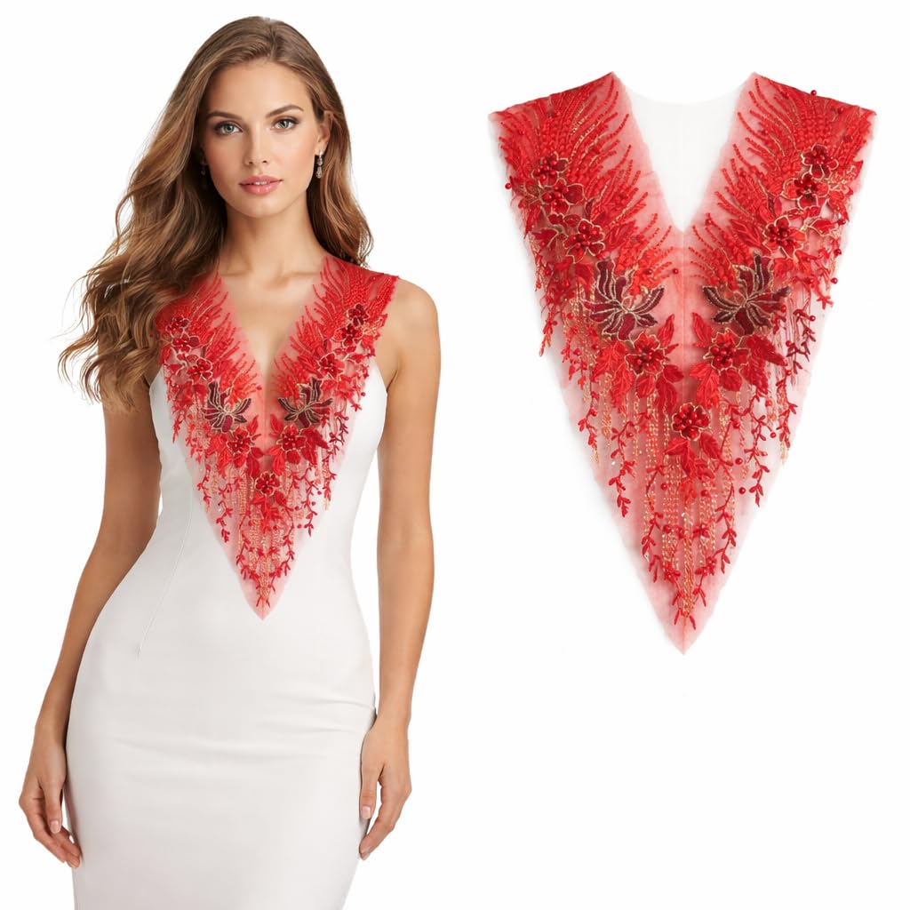 S.A.V.I Red Floral Embroidered Net Applique Patch 28 x 55 cm | V-Neck Lace Motif with Beads & Thread Work for Bridal Lehenga Gown Blouse Decoration (Red)