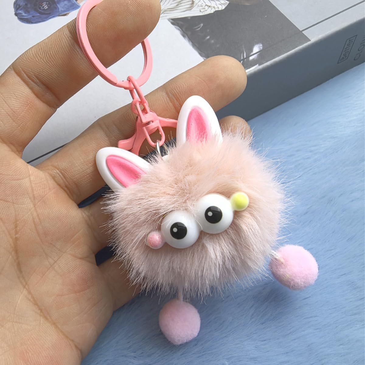 S.A.V.I Cute Plush Pom Pom Keychain for Bags & Keys, Pink Bunny Charm, Soft Faux Fur, 14 x 4 cm Hanging Accessory, Lightweight Gift for Women Girls, Backpack Purse Car Key Ring