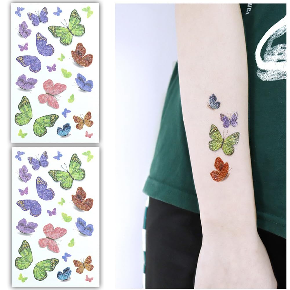 S.A.V.I 2 Sheets Glittery Butterfly Temporary Tattoo Stickers, Multi-Color (Green, Purple, Pink, Blue, Orange), Waterproof, Skin-Safe, Easy to Apply  Remove – Festivals, Parties  Gifts