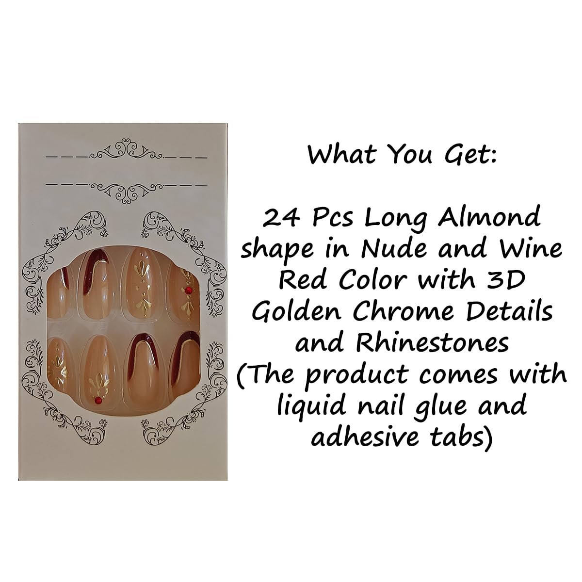 S.A.V.I 24 Pcs Long Almond Press On Nails for Women | Nude & Wine Red Glossy Acrylic False Nails | 3D Gold Chrome Art & Rhinestones | Reusable Stick-On with Glue Tabs