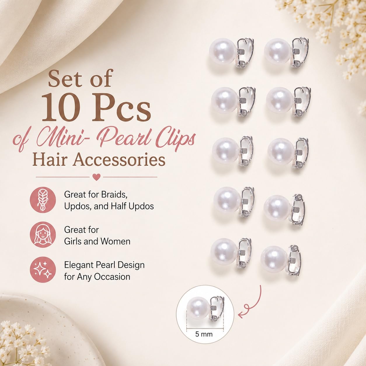S.A.V.I Pearl Hair Clips Set of 10 for Women & Girls | 5mm Snap Pins, Braids & Updos, Half-Up Styles, Wedding & Party, Everyday Wear