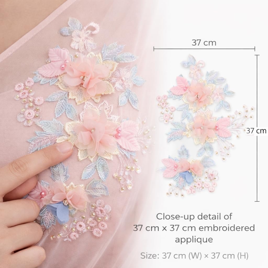 S.A.V.I Pastel Pink & Blue 3D Floral Embroidered Sew-On Appliqué Patch 37x37 cm, Net Fabric with Pearl & Bead Work for Kurti, Gown, Saree & Blouse Decoration (Right)