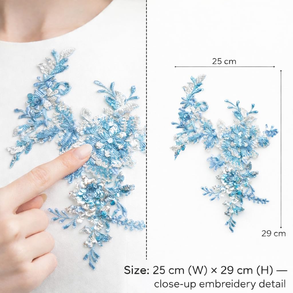 S.A.V.I Light Blue Floral Embroidered Sequin Applique Patch Sew-On, 25 x 29 cm Net Fabric with Leaf & Flower Design for Dresses, Gowns, Kurtis & DIY Fashion Accessories (Light Blue)