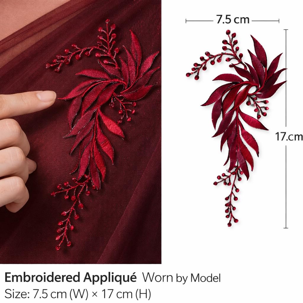 S.A.V.I Burgundy & Silver Floral Iron-On Embroidered Appliqué Patch 7.5 x 17 cm | Leaf Motif Threadwork Design for Dresses, Sarees, Blouses & DIY Fabric Craft (Left, Burgundy, 7.5 x 17 cm)