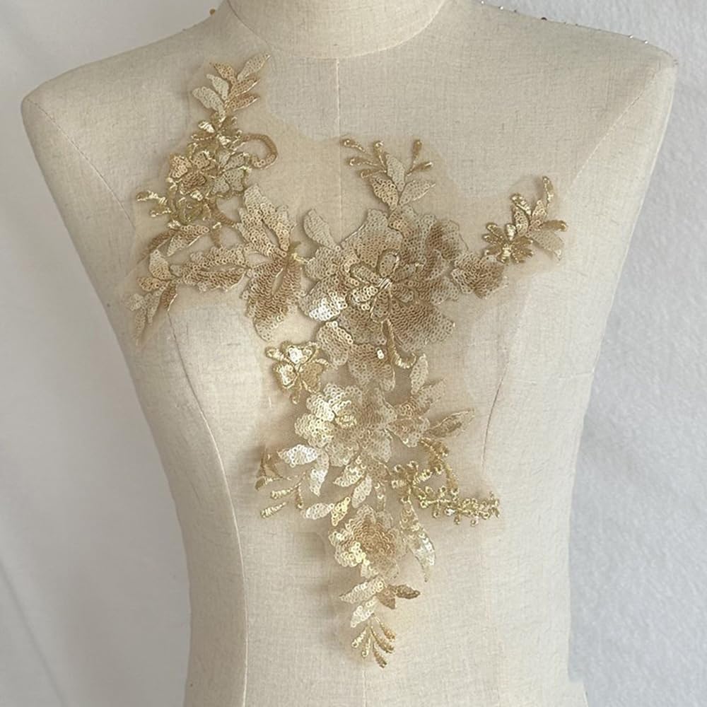 S.A.V.I Gold 3D Floral Sequined Applique Patch | Embroidered Mesh Lace Fabric | 29x25cm Sew-On DIY Patch for Bridal Lehenga, Saree, Blouse, Gown, Ethnic Wear  Craft Sewing | Designer Embellishment Accessory