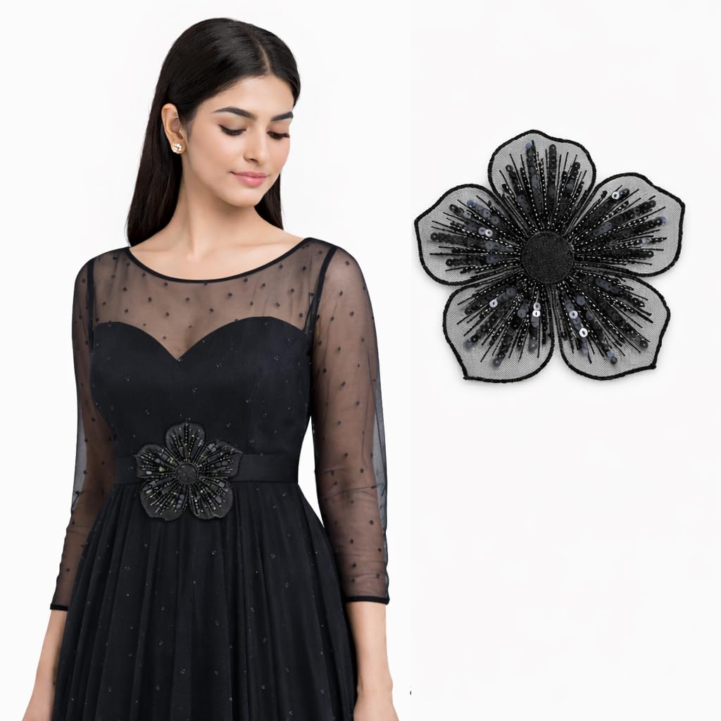 S.A.V.I Black Floral Embroidered Sew-On Appliqué Patch 15 x 15 cm | Handcrafted Sequin & Bead Mesh Fabric | Decoration for Dress, Gown, Blouse & DIY Crafts (Black)