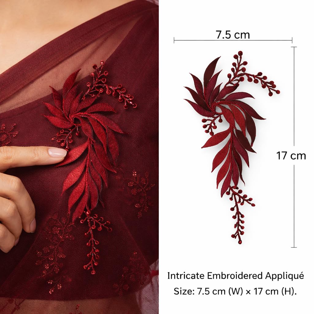 S.A.V.I Burgundy & Silver Floral Iron-On Embroidered Appliqué Patch 7.5 x 17 cm | Leaf Motif Threadwork Design for Dresses, Sarees, Blouses, DIY Fabric Craft (Right, Burgundy, 7.5 x 17 cm)