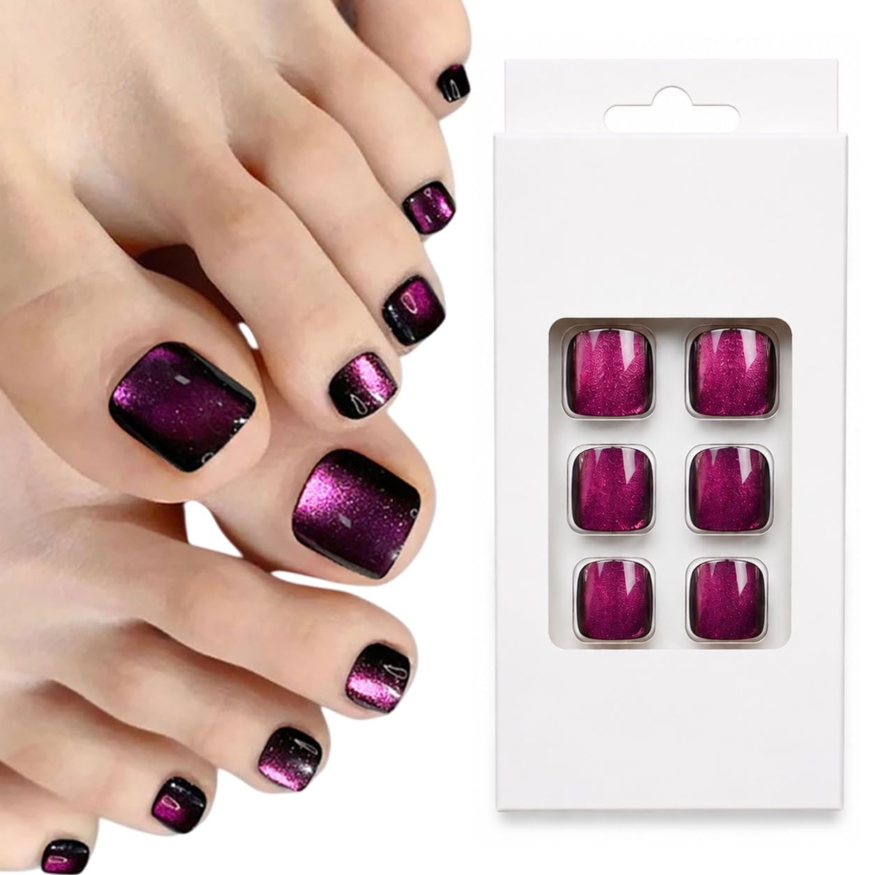S.A.V.I Press on Toenails 24 Pcs Purple Cat Eye Short Square Tips