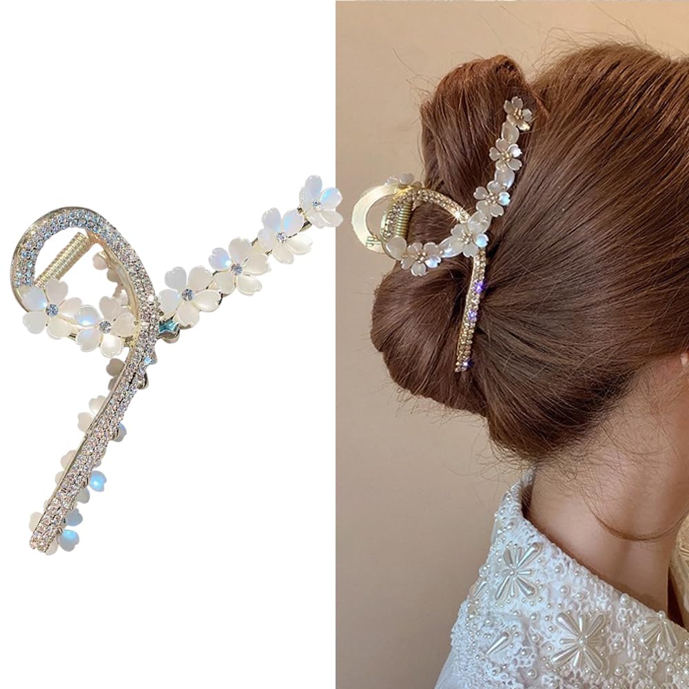 S.A.V.I Elegant Floral Shell Hair Clip with Rhinestones - White Flower Design for Women  Girls | Stylish Bun Holder | Bridal  Party Hair Accessory - 12cm Long (1 Pc)