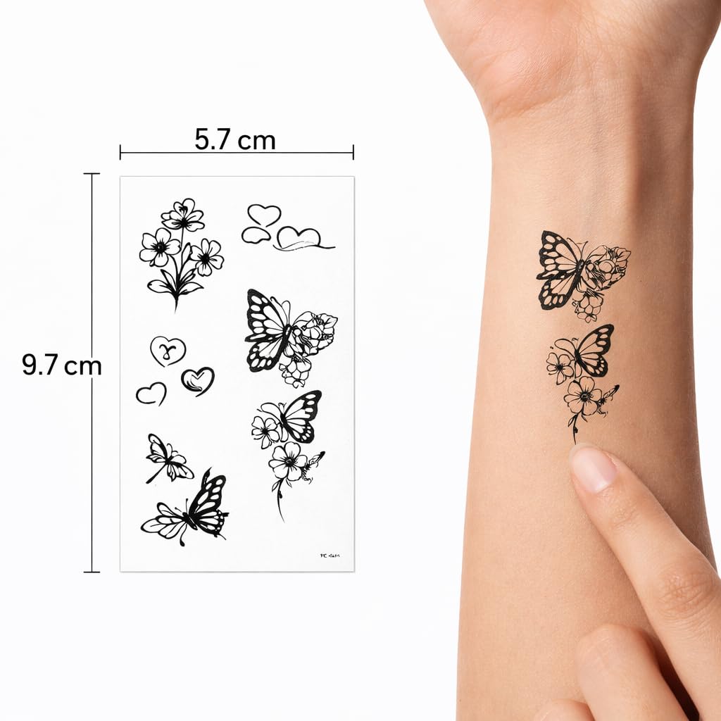 S.A.V.I 30 Sheets Black Floral & Butterfly Temporary Tattoos for Women & Girls (5.7x9.7 cm) – Small Heart, Moon & Flower Designs – Waterproof Safe Non-Toxic Body Art for Hand Arm Shoulder (#318)