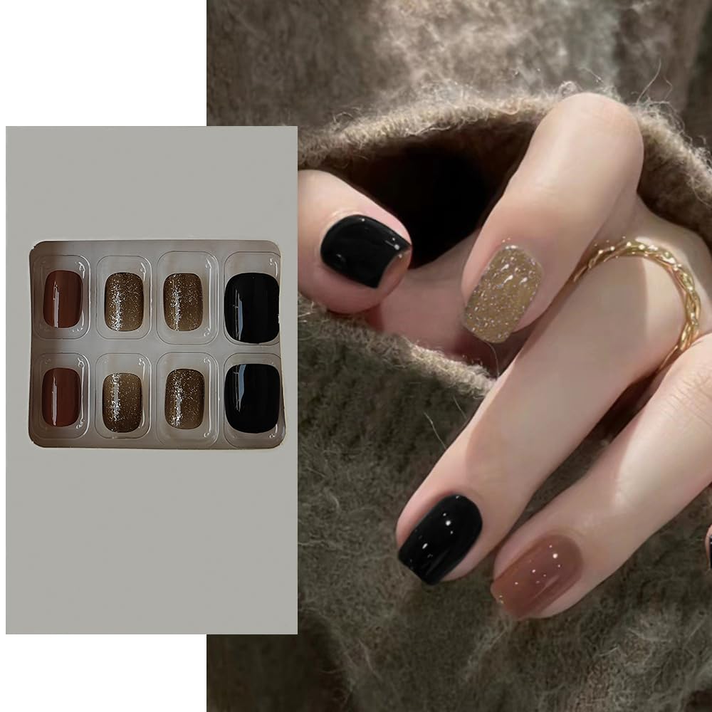 S.A.V.I 24 PCs Short Natural Shape False Nails - Brown, Black  Gold Glitter | Stylish, Durable  Reusable Fake Nails for Women | Easy to Apply | Perfect for Parties, Weddings | Nail Art Set