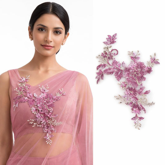 S.A.V.I Rose Pink Floral Sequin Embroidered Sew-On Appliqué Patch, 25 x 29 cm, Net Fabric 3D Flower Design for Blouse, Saree, Lehenga & Anarkali Dress Decoration (Rose)