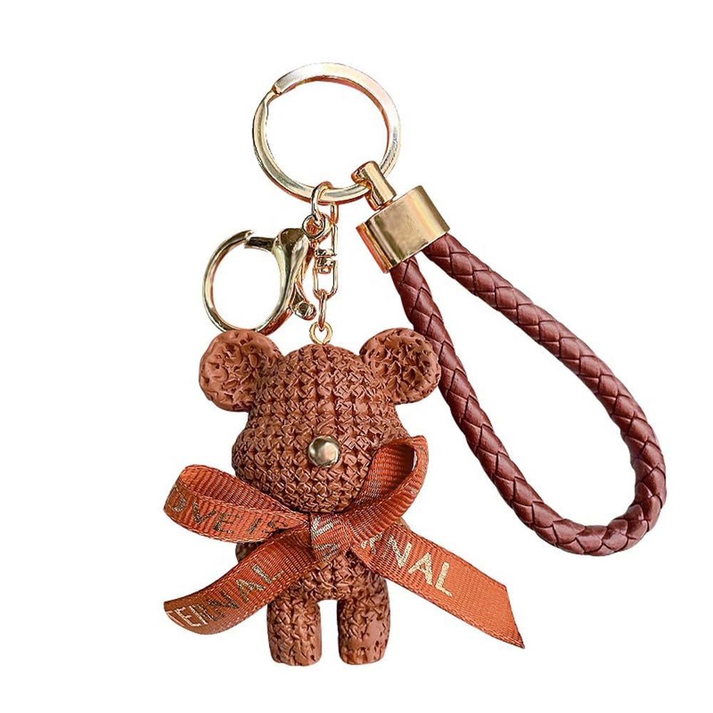 S.A.V.I Resin Teddy Bear Keychain with Braided Strap & Bell Charm | Brown, Gold-Tone, 7 cm Mini Pendant, Bow Detail, For Bags & Keys, For Women & Girls
