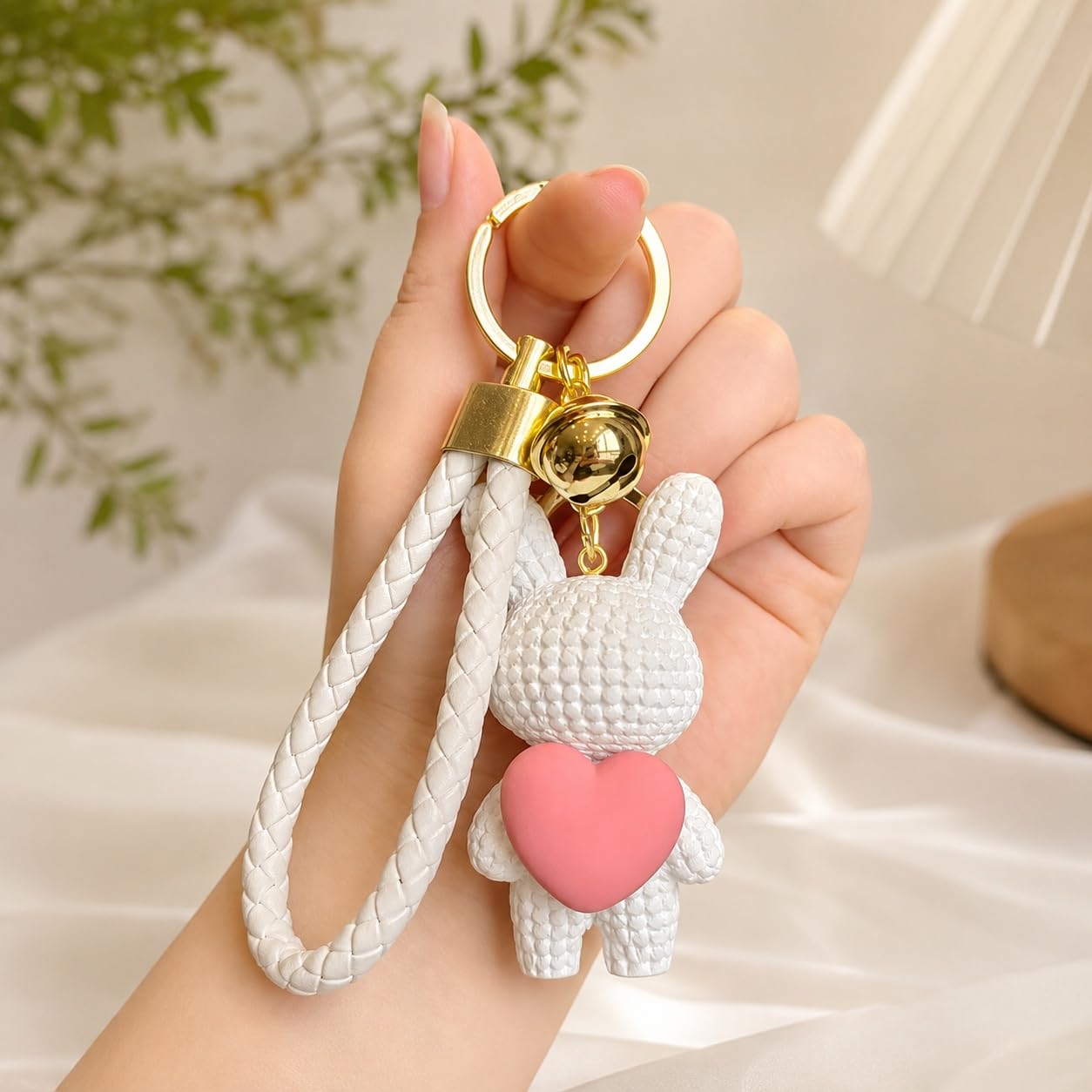 S.A.V.I Resin Rabbit Keychain with Braided Wrist Strap, White Gold | 7 cm Pendant, Pink Heart Accent, Handbag & Backpack Use, for Women & Girls, Braided Wrist Strap