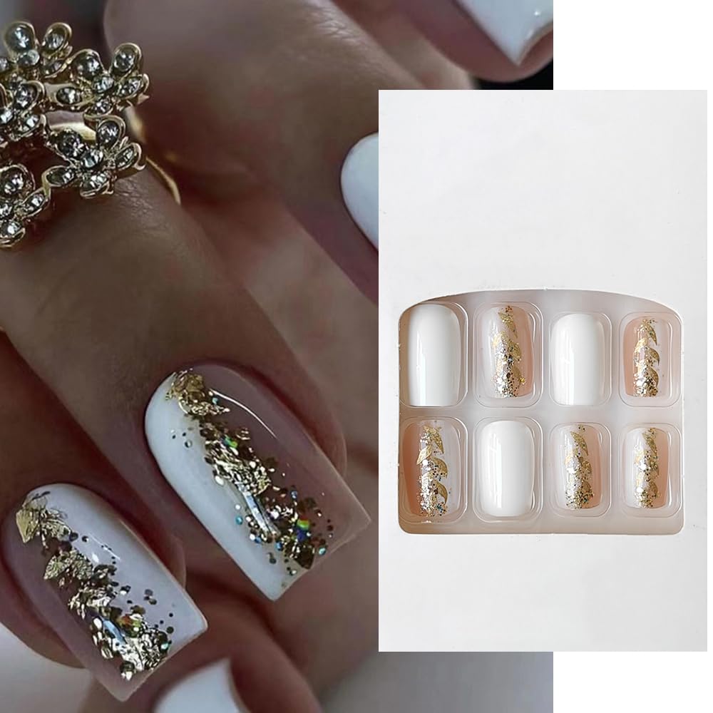 S.A.V.I 24 Pcs Medium-Length Nude  White Press-On Nails with Glitter | Square False Nails Kit for DIY Nail Art | Natural Look, Comfortable Fit | Perfect for Wedding
