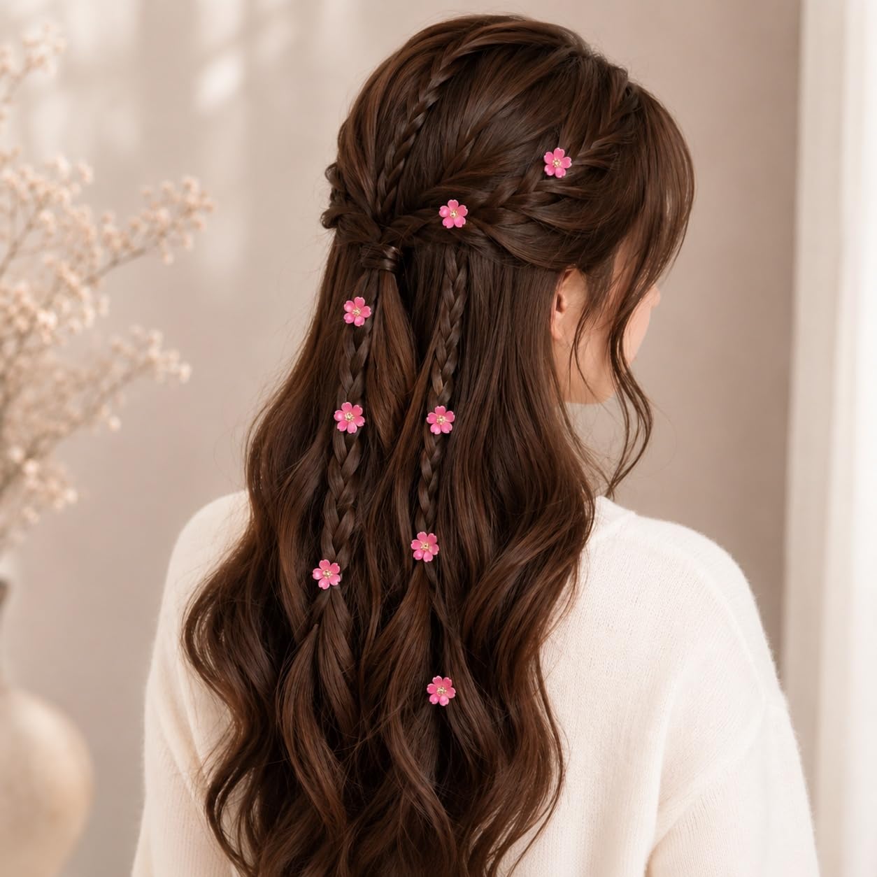 S.A.V.I Flower Hair Clips with Rhinestones, Pink, 1.5 cm | Set of 10, Resin Shell Material, Mini Claw Clips, Bridal & Party Styling, for Women & Girls