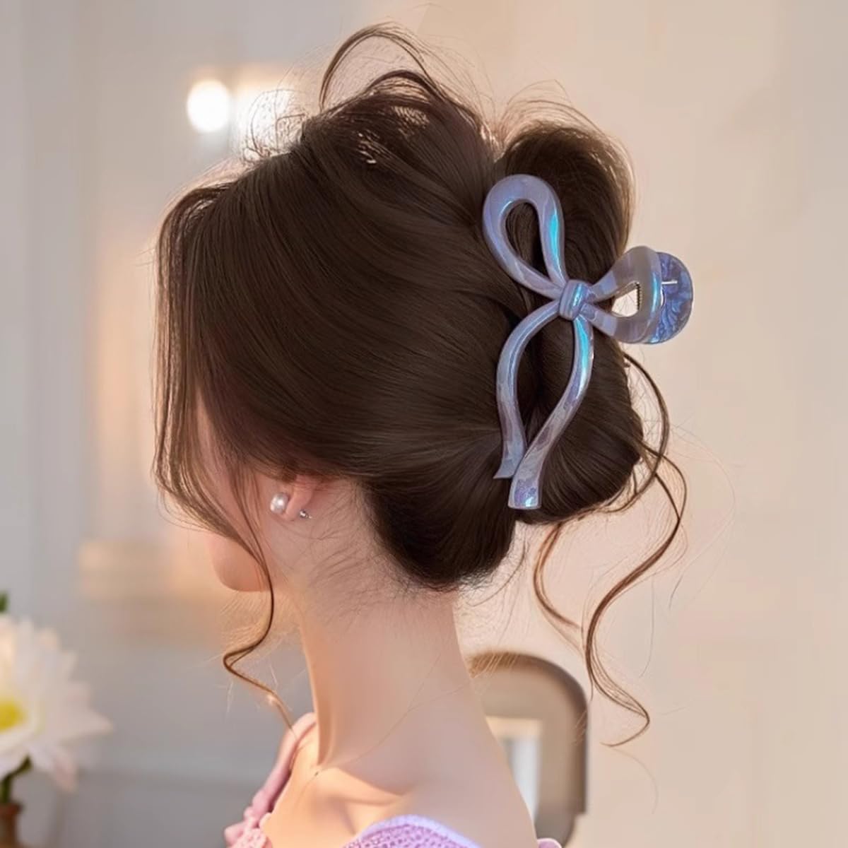S.A.V.I Large Bow Hair Claw Clip for Women & Girls | 13 cm Jumbo Acrylic Hair Clutch | Mermaid Purple Iridescent Finish | Strong Grip Stylish Elegant Hair Accessory