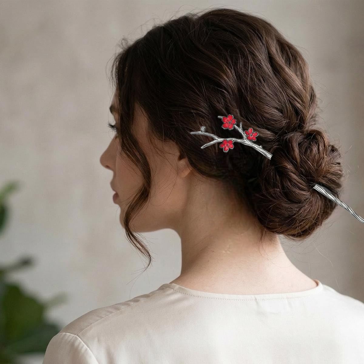 S.A.V.I Floral Chinese Style Hair Stick for Women | Silver Tone Metal Bun Pin with Red Cherry Blossom Design | Handmade 18 cm Hair Accessory for Bridal, Party, Wedding & Ethnic Wear