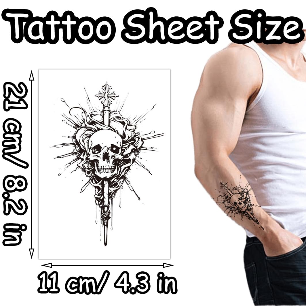 S.A.V.I Black Skull Cross Temporary Tattoo for Men & Women, 21 x 11 cm Waterproof Arm Shoulder Body Sticker, Safe Non-Toxic Gothic Design for Parties, Festivals & Cosplay